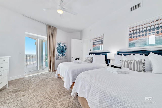 bedroom with access to exterior, visible vents, baseboards, light colored carpet, and a ceiling fan