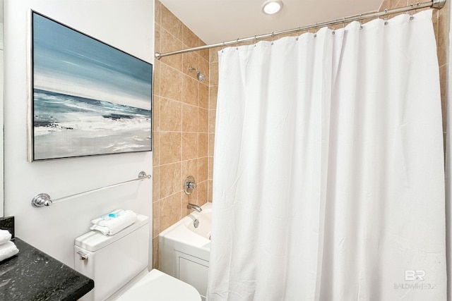 bathroom with toilet and shower / bath combo with shower curtain