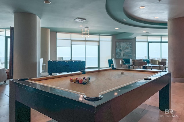 recreation room featuring tile patterned floors, recessed lighting, billiards, and visible vents