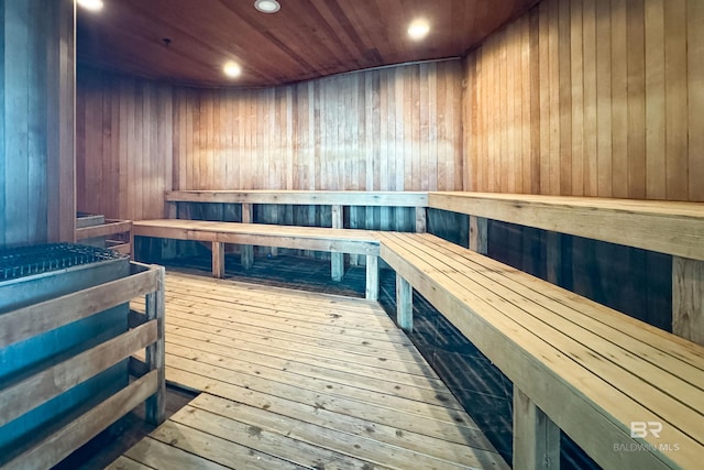 view of sauna featuring hardwood / wood-style flooring and recessed lighting