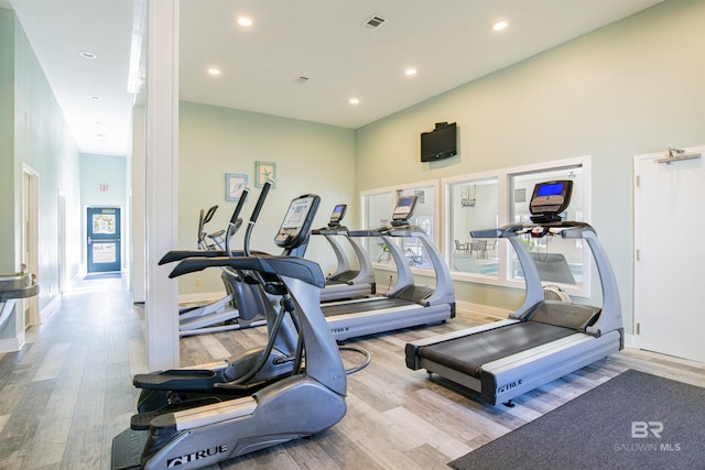 workout area featuring light hardwood / wood-style floors