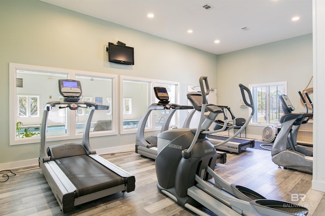 exercise room with light hardwood / wood-style floors