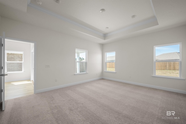 carpeted spare room with baseboards, ornamental molding, a raised ceiling, and a wealth of natural light