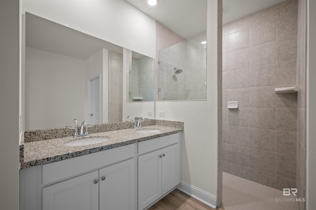 bathroom featuring double vanity, walk in shower, and a sink