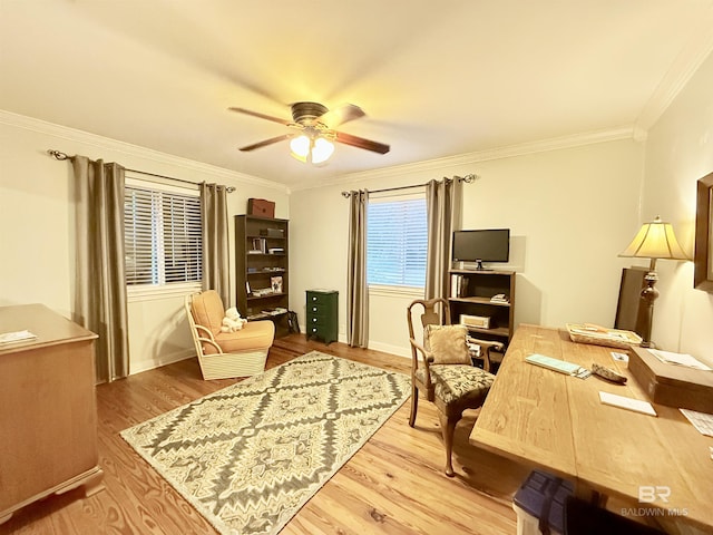 office area with ceiling fan, wood finished floors, and ornamental molding