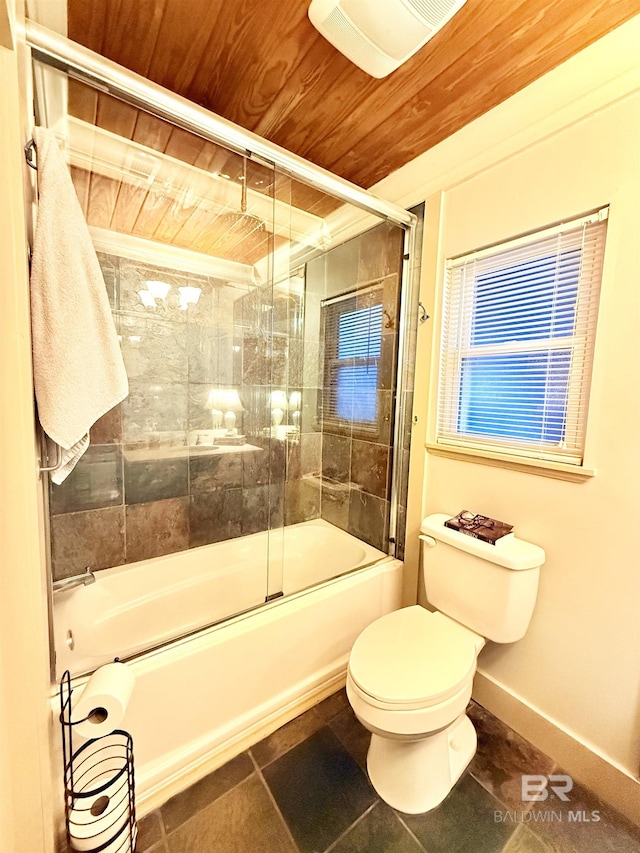 bathroom with tile patterned floors, toilet, enclosed tub / shower combo, baseboards, and wood ceiling