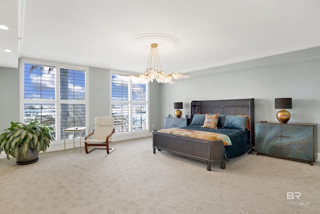 carpeted bedroom featuring a notable chandelier and recessed lighting