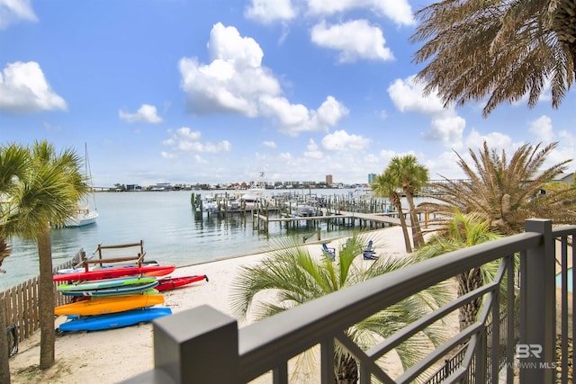 property view of water with a dock