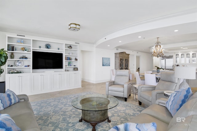 living room featuring light tile patterned floors, an inviting chandelier, ornamental molding, and recessed lighting