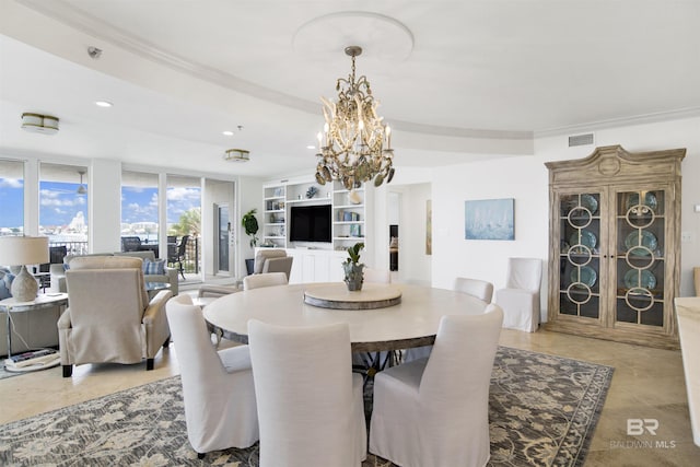 dining area featuring visible vents, recessed lighting, an inviting chandelier, and ornamental molding