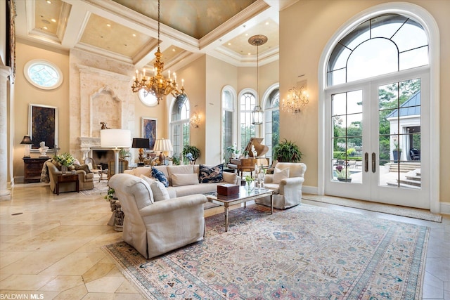 living room featuring coffered ceiling, light tile floors, a high ceiling, french doors, and an inviting chandelier