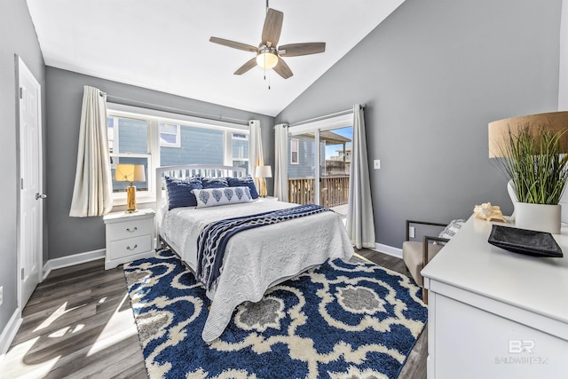 bedroom featuring ceiling fan, dark wood-type flooring, baseboards, vaulted ceiling, and access to outside