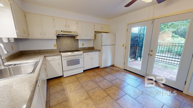 kitchen featuring sink, decorative backsplash, white appliances, extractor fan, and ceiling fan