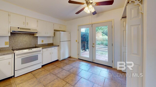 kitchen with decorative backsplash, white cabinetry, white appliances, ceiling fan, and extractor fan