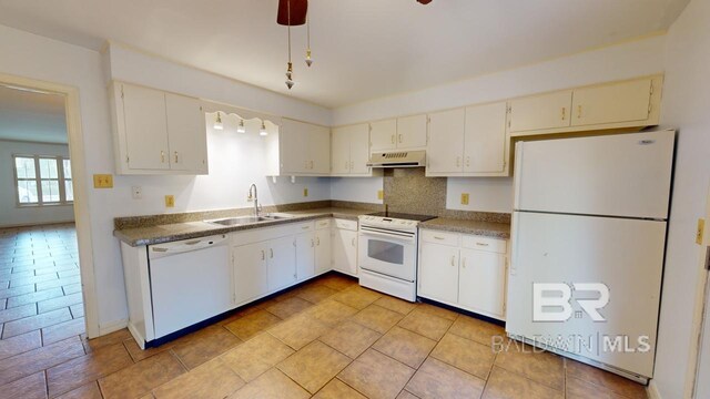 kitchen featuring ceiling fan, white cabinets, sink, white appliances, and extractor fan