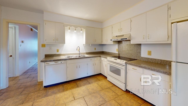 kitchen with ventilation hood, white appliances, white cabinetry, and sink