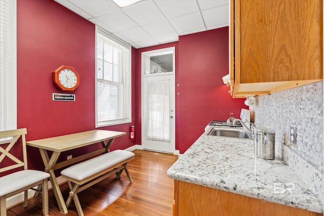 kitchen featuring light stone countertops, hardwood / wood-style floors, sink, and a paneled ceiling