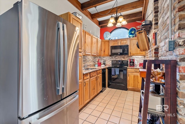 kitchen with beamed ceiling, light tile patterned flooring, backsplash, black appliances, and a notable chandelier