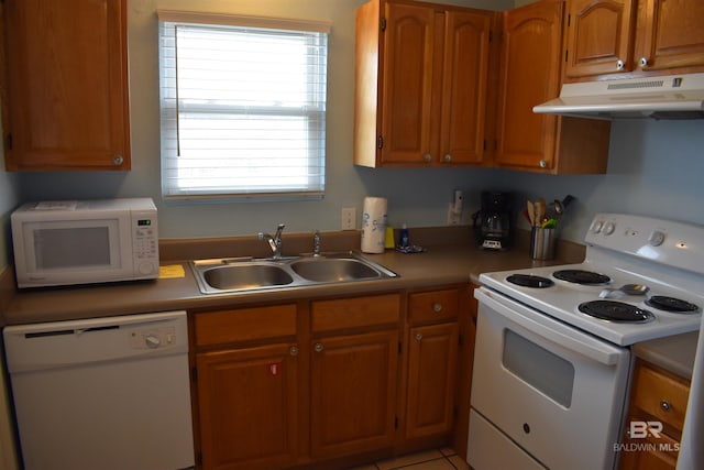 kitchen with white appliances, plenty of natural light, and sink