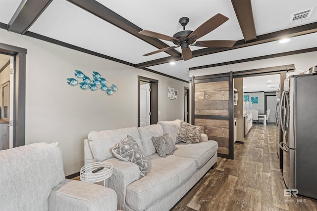 11691 Grantham Rd, Foley, AL 36535 - living room featuring a barn door, dark wood-style floors, ceiling fan, beamed ceiling, and recessed lighting