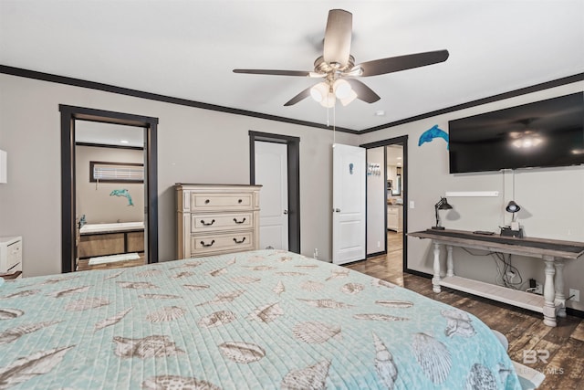 11691 Grantham Rd, Foley, AL 36535 - bedroom with wood finished floors, ornamental molding, ceiling fan, and ensuite bathroom