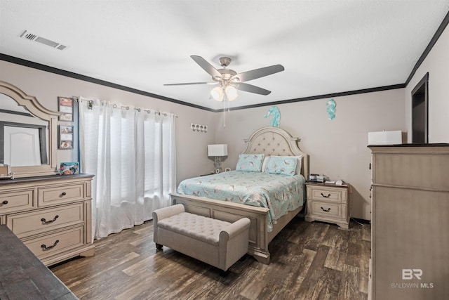 11691 Grantham Rd, Foley, AL 36535 - bedroom with crown molding, dark wood-type flooring, and a ceiling fan