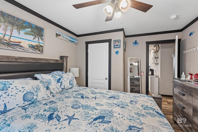 11691 Grantham Rd, Foley, AL 36535 - bedroom featuring wood finished floors, ornamental molding, and a ceiling fan