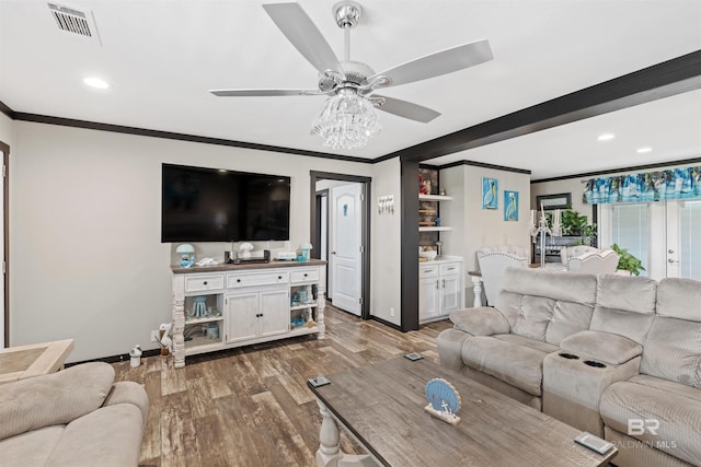 11691 Grantham Rd, Foley, AL 36535 - living room featuring crown molding, a ceiling fan, wood finished floors, and recessed lighting