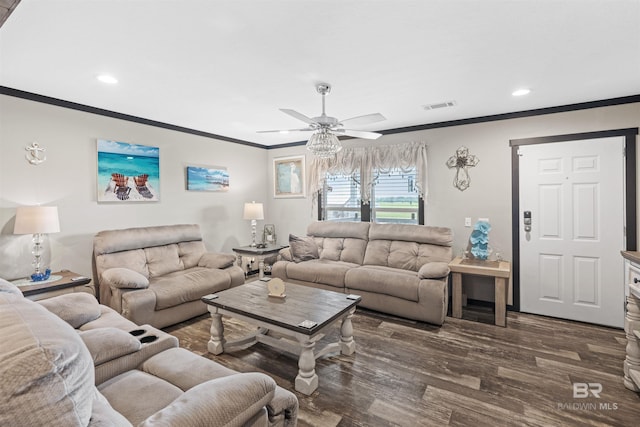11691 Grantham Rd, Foley, AL 36535 - living area featuring ornamental molding, ceiling fan, recessed lighting, and wood finished floors