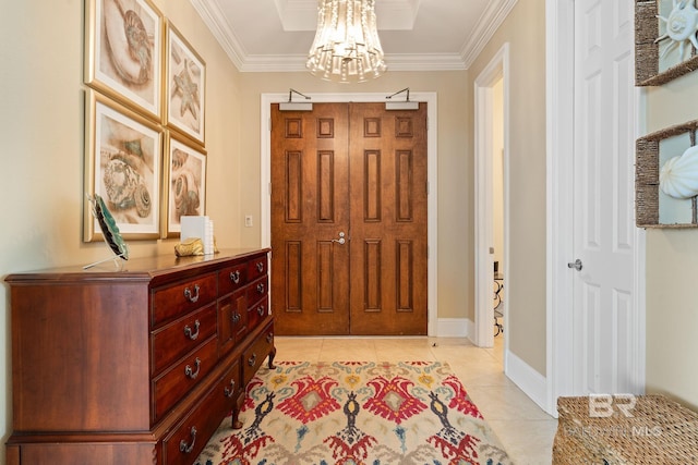 interior space with light tile patterned floors, an inviting chandelier, and crown molding