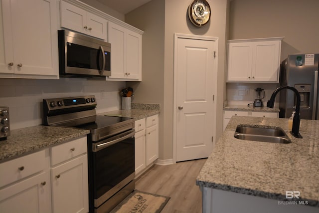 kitchen with a sink, decorative backsplash, appliances with stainless steel finishes, and white cabinetry