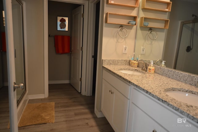 bathroom featuring a shower stall, wood finished floors, double vanity, and a sink