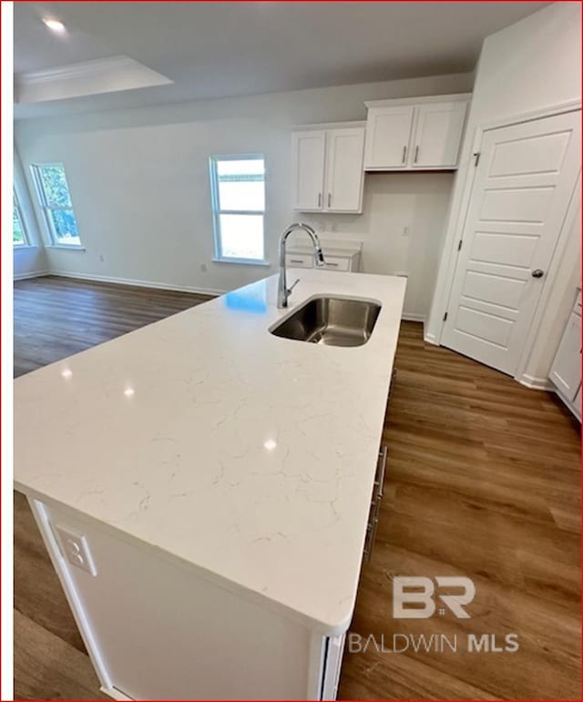 kitchen featuring white cabinets, light stone counters, a kitchen island with sink, and sink