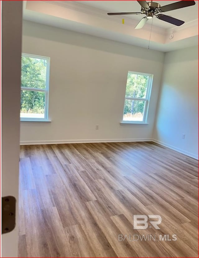 unfurnished room featuring plenty of natural light, light hardwood / wood-style floors, ceiling fan, and a tray ceiling