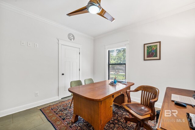 tiled office featuring crown molding and ceiling fan