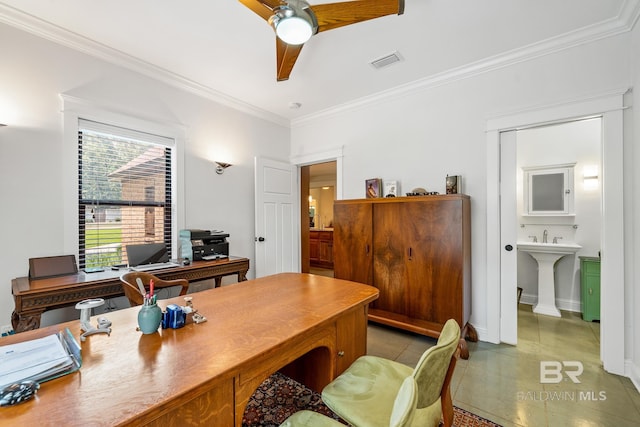 tiled office space with ornamental molding and ceiling fan