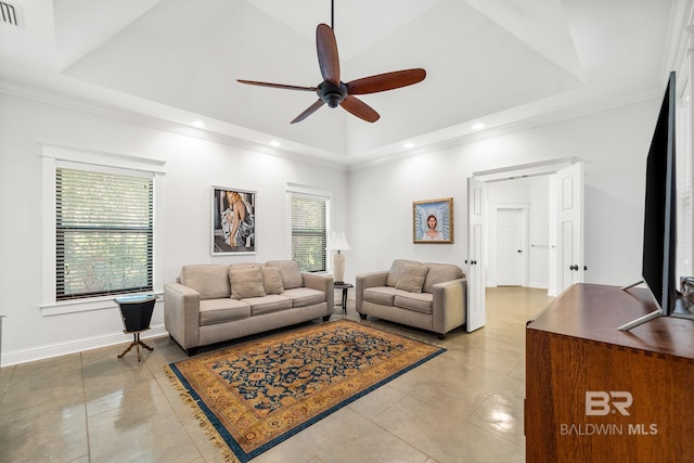 tiled living room with crown molding, high vaulted ceiling, and ceiling fan