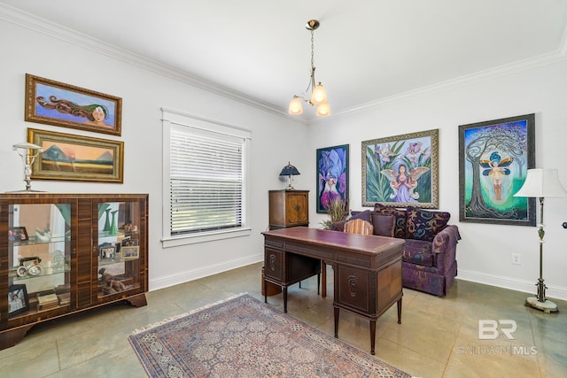 office with crown molding, a chandelier, and tile patterned flooring