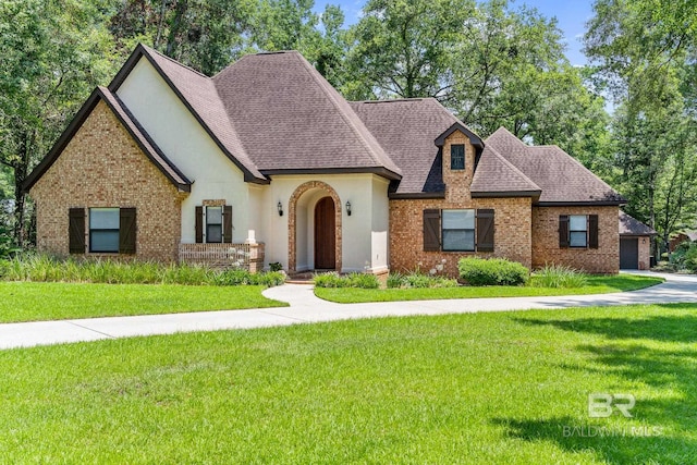 tudor-style house with a front lawn