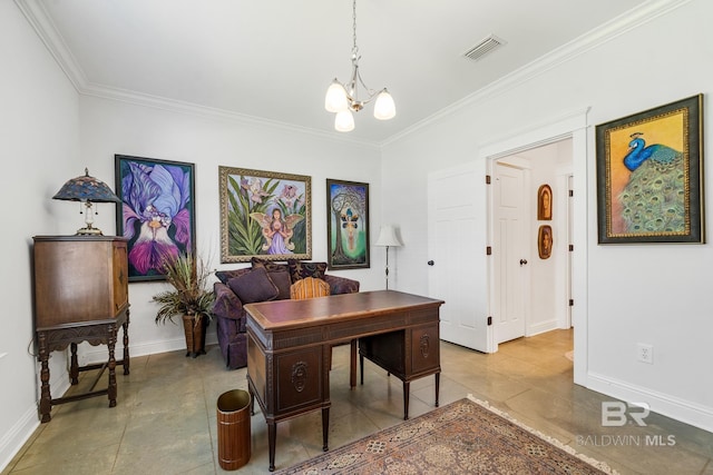 office space featuring crown molding and a chandelier