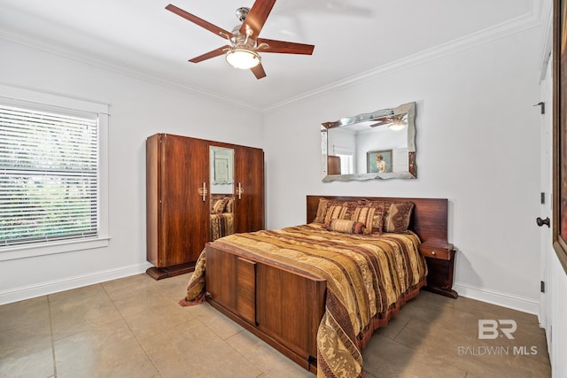 tiled bedroom featuring crown molding and ceiling fan