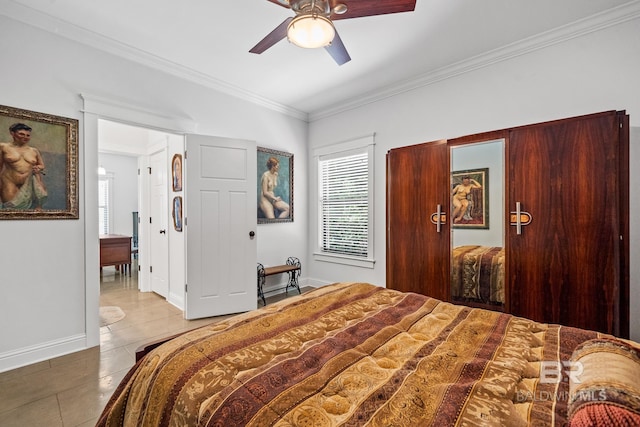 bedroom featuring crown molding, tile patterned flooring, and ceiling fan