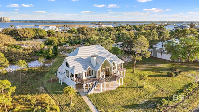 aerial view featuring a water view