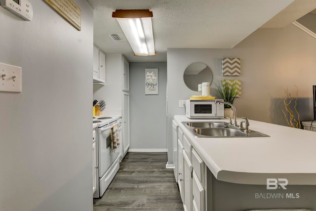 kitchen with a textured ceiling, dark hardwood / wood-style floors, sink, white cabinetry, and white appliances