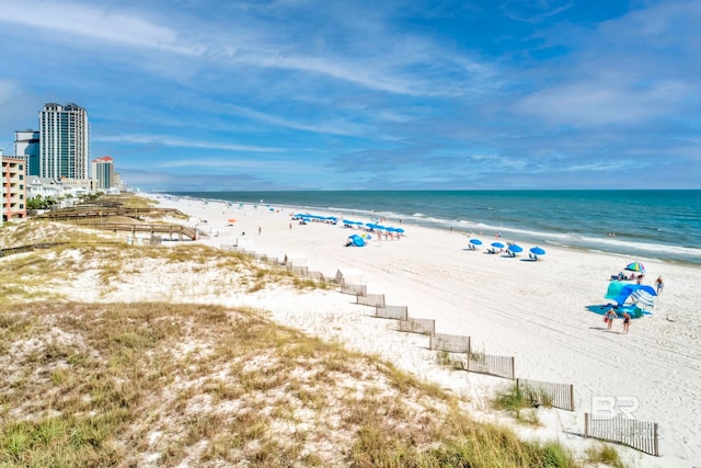 property view of water featuring a beach view