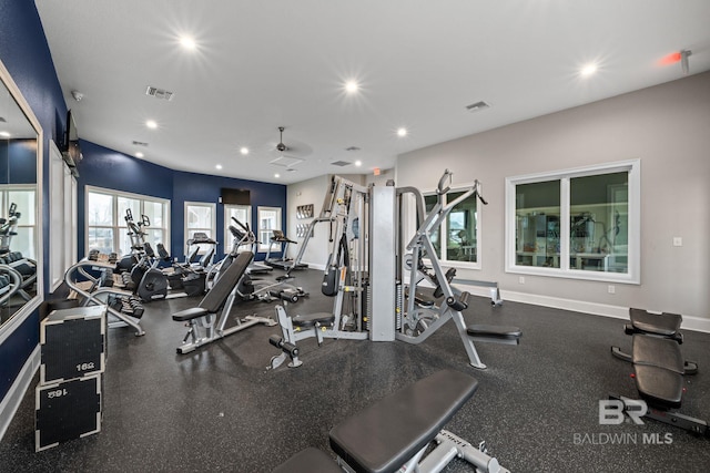 exercise room featuring recessed lighting, visible vents, and baseboards