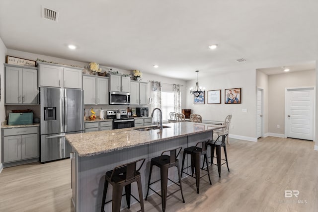 kitchen featuring appliances with stainless steel finishes, gray cabinets, a kitchen bar, and a sink