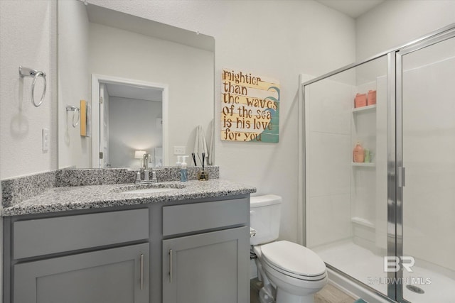 bathroom with a shower stall, toilet, and vanity
