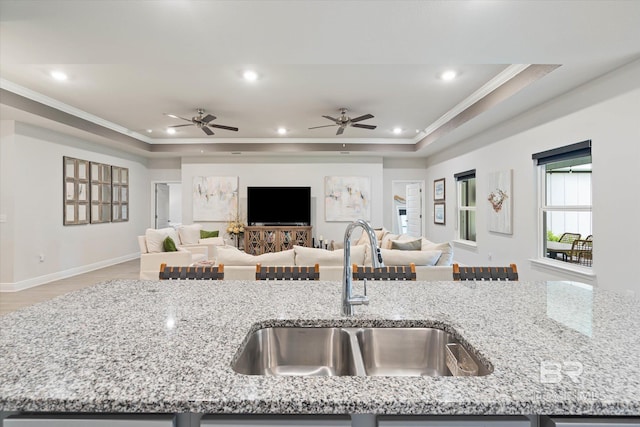 kitchen featuring a sink, a raised ceiling, ornamental molding, open floor plan, and light stone counters