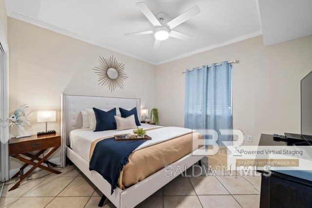 1524 W Beach Blvd Unit 506, Gulf Shores, AL 36542 - bedroom with ceiling fan, crown molding, and light tile patterned floors